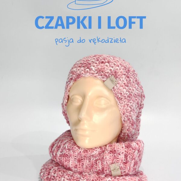 Czapka z kominem ręcznie robiona na drutach